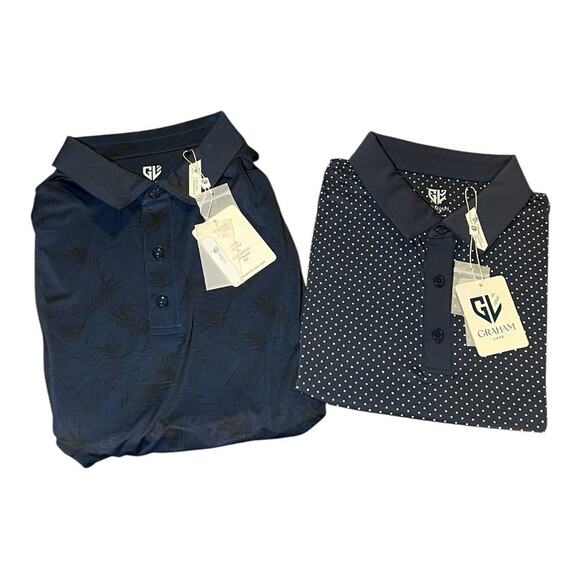 NWT Graham Luxe Size XL Polka Dot Blue Golf Polo Short Sleeve Stretch Bundle